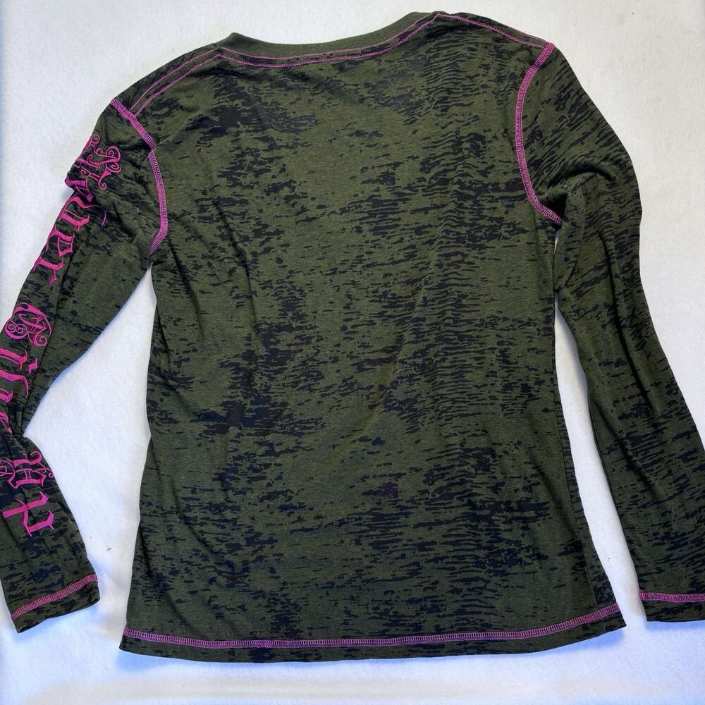 COWGIRL TUFF Long Sleeve T Shirt Green Burnout With Pink Embroidery Size L - Picture 3 of 6